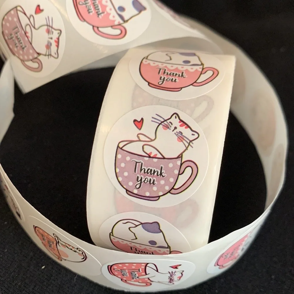Roll of 500 cat thank you stickers NWT